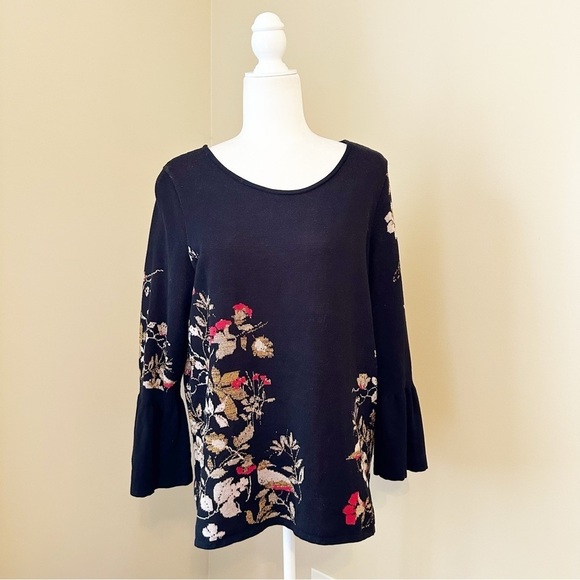 Chico’s Floral Bird Print Bell Sleeve Black Sweater - Large - Picture 1 of 14